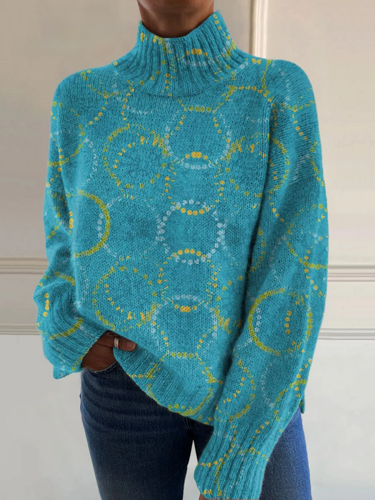 Bright Circle of Art Printed Turtleneck Sweater