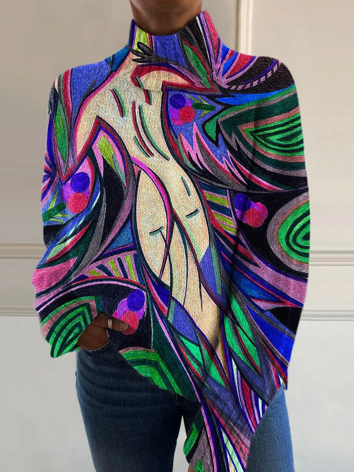 Retro Abstract White Nude Poster Crochet Turtleneck Sweater
