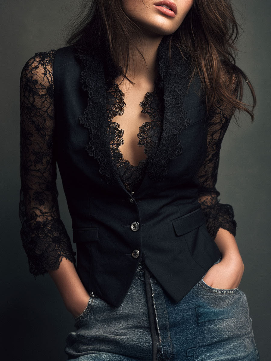 Noémie | High-Neck Black Blazer with Semi-Sheer Sleeves