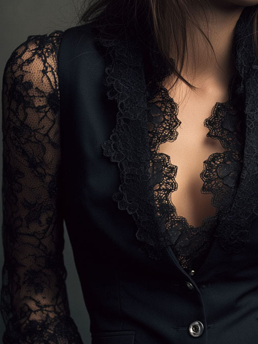 Noémie | High-Neck Black Blazer with Semi-Sheer Sleeves