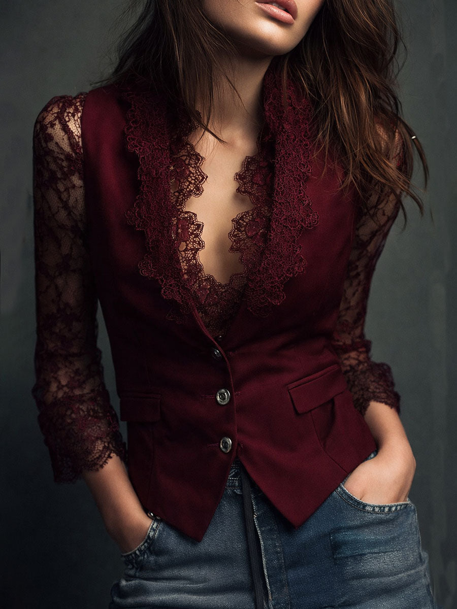 Noémie | High-Neck Black Blazer with Semi-Sheer Sleeves