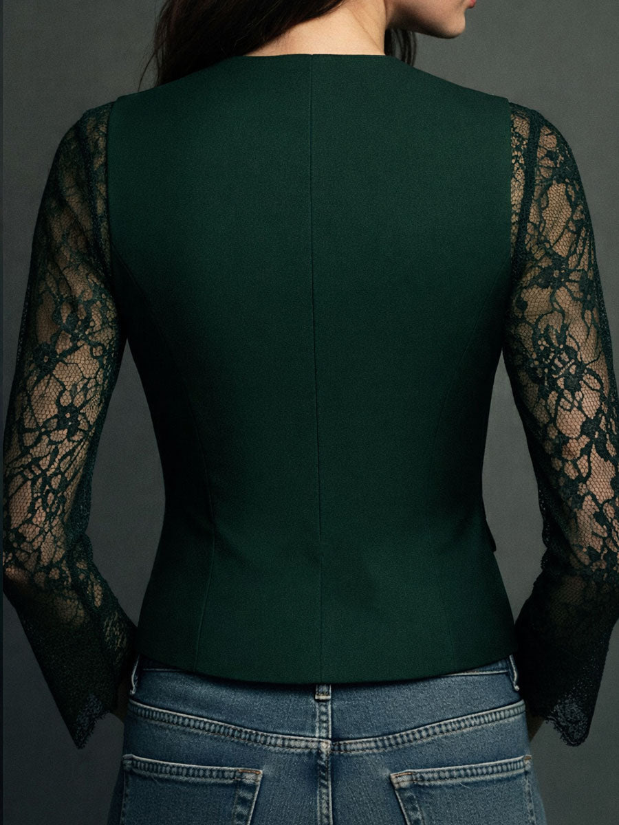Noémie | High-Neck Black Blazer with Semi-Sheer Sleeves