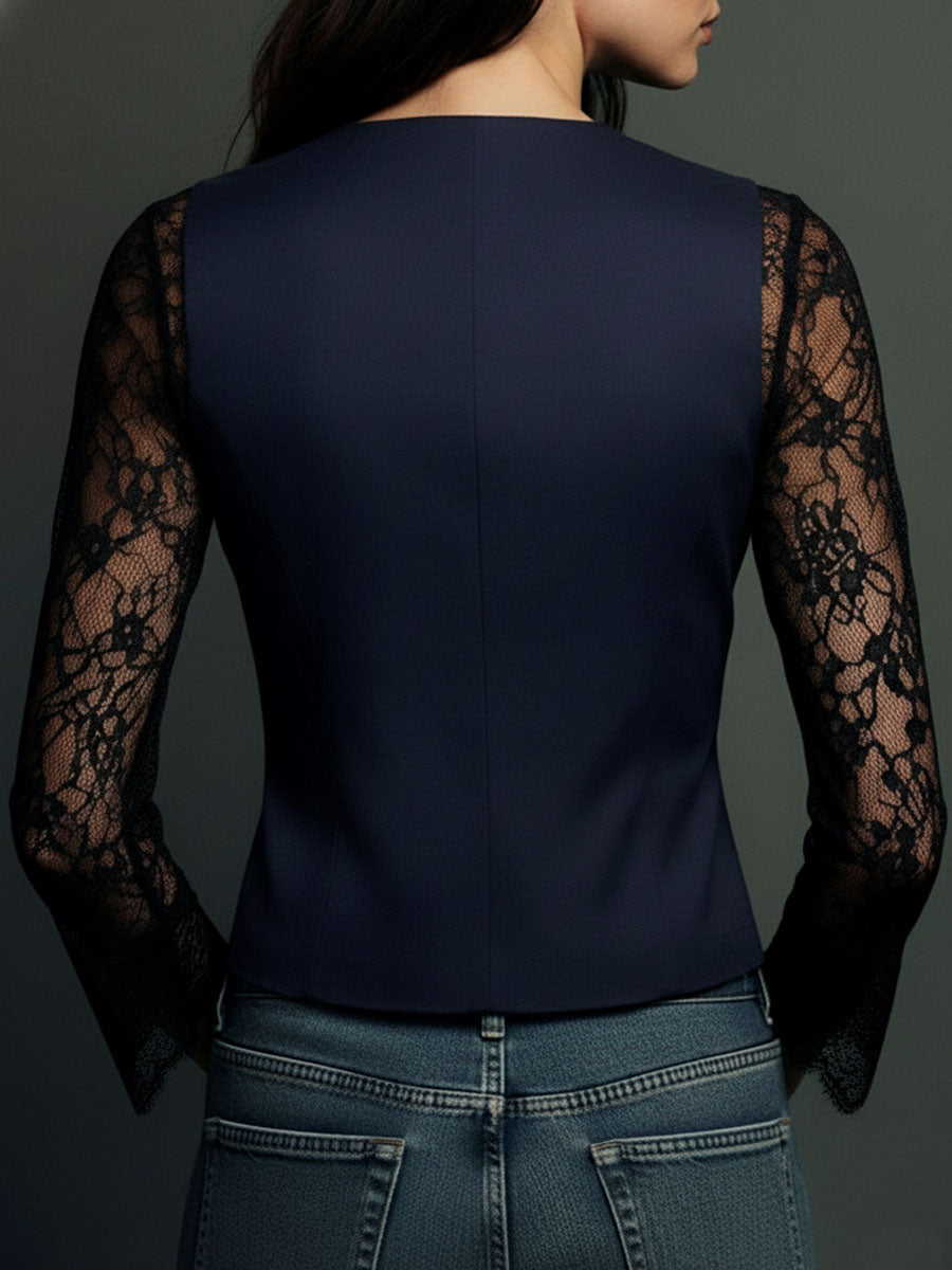 Noémie | High-Neck Black Blazer with Semi-Sheer Sleeves