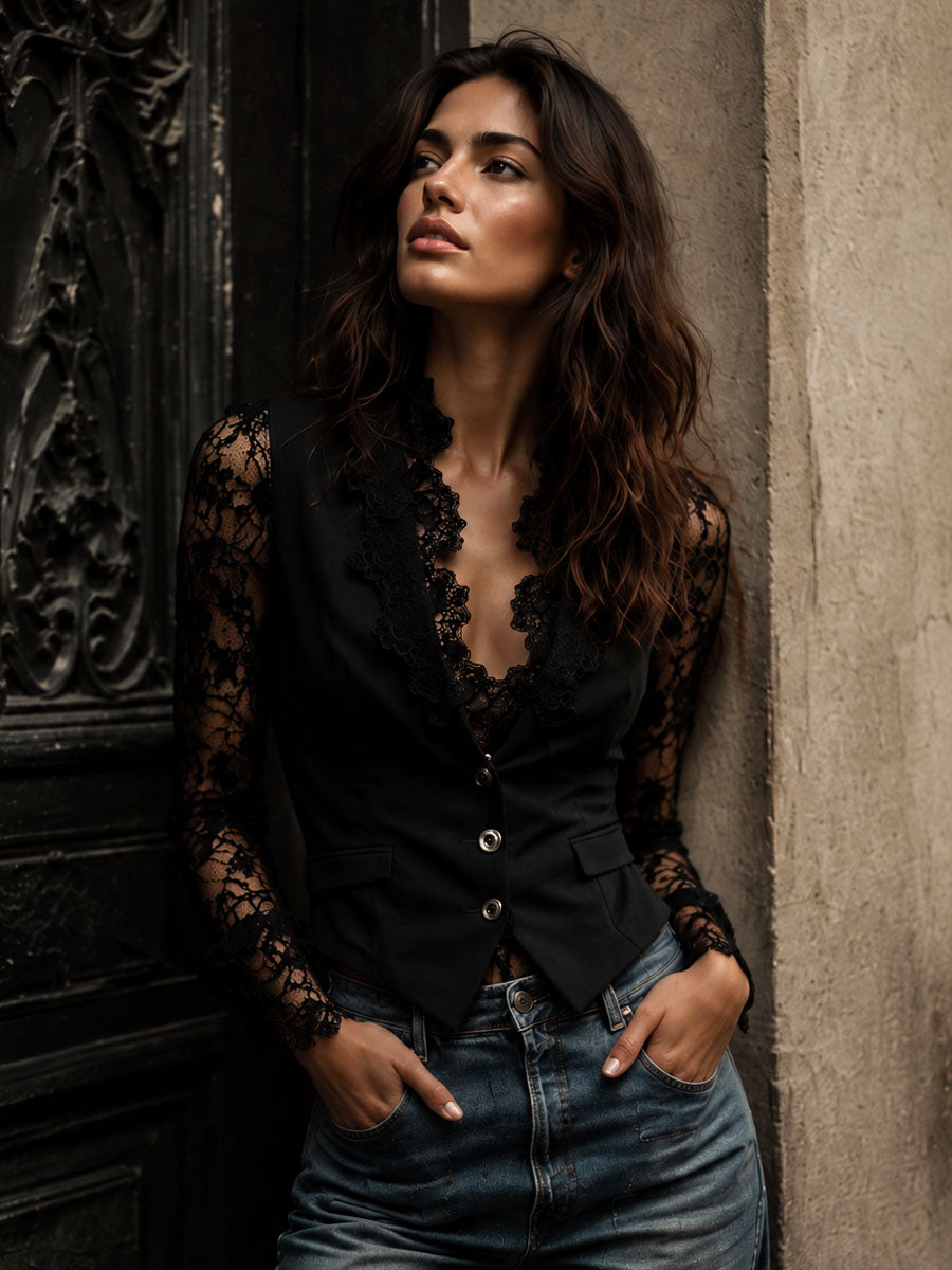 Noémie | High-Neck Black Blazer with Semi-Sheer Sleeves