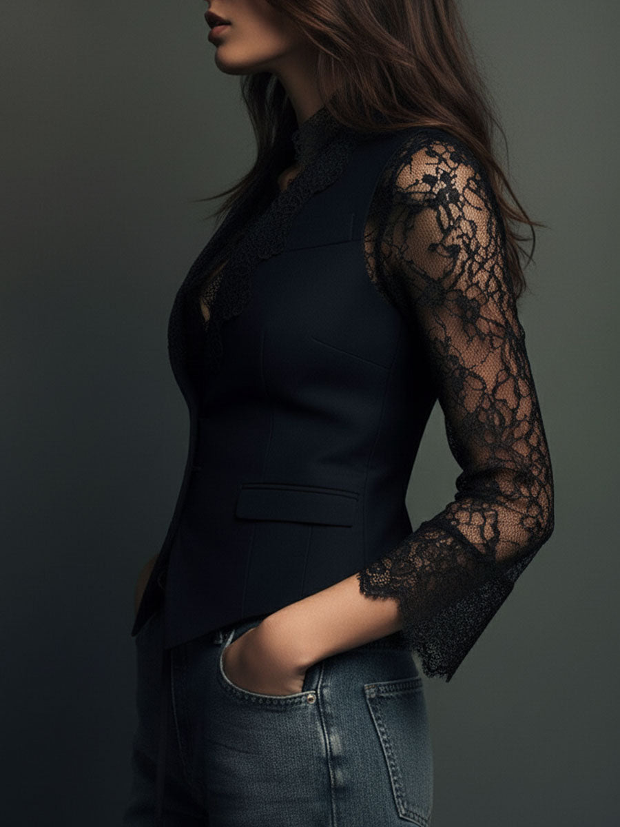 Noémie | High-Neck Black Blazer with Semi-Sheer Sleeves