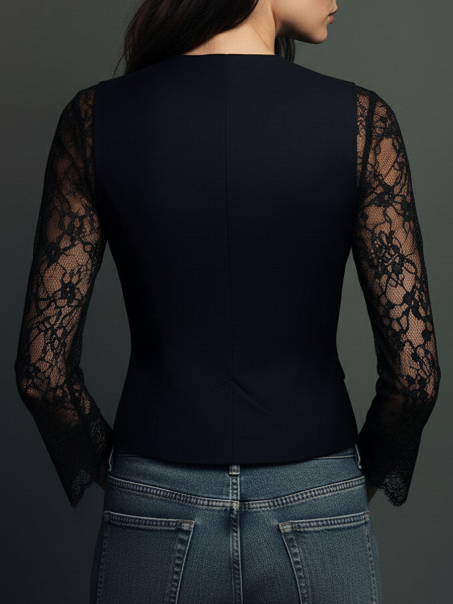 Noémie | High-Neck Black Blazer with Semi-Sheer Sleeves