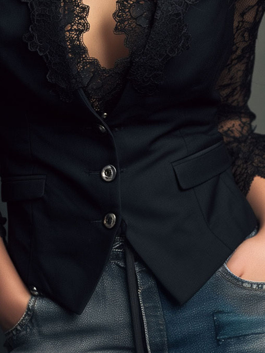 Noémie | High-Neck Black Blazer with Semi-Sheer Sleeves