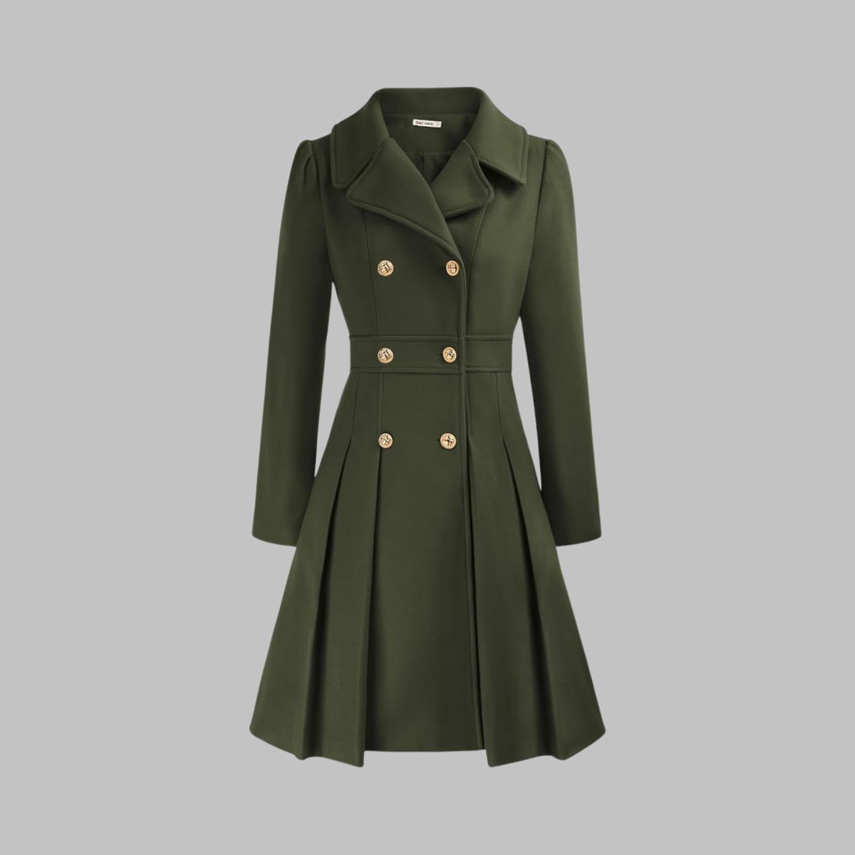 Emma | Women's Coat Double-Breasted Pleated A-Line Long Sleeve Overcoat