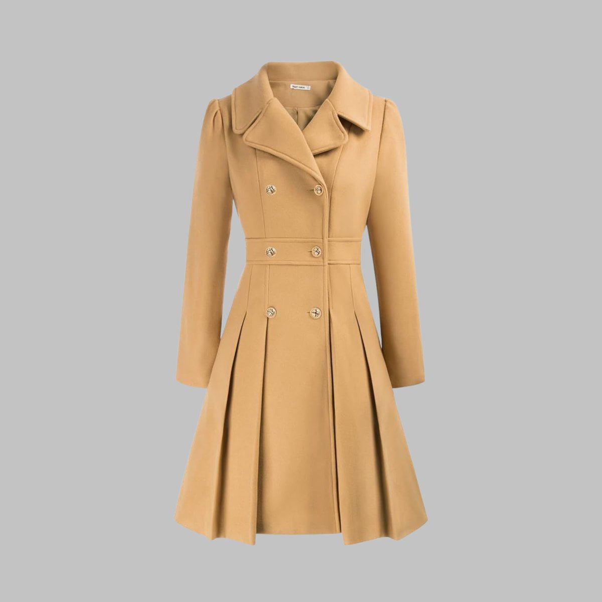 Emma | Women's Coat Double-Breasted Pleated A-Line Long Sleeve Overcoat