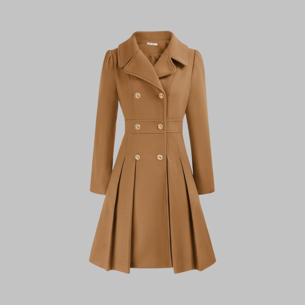 Emma | Women's Coat Double-Breasted Pleated A-Line Long Sleeve Overcoat