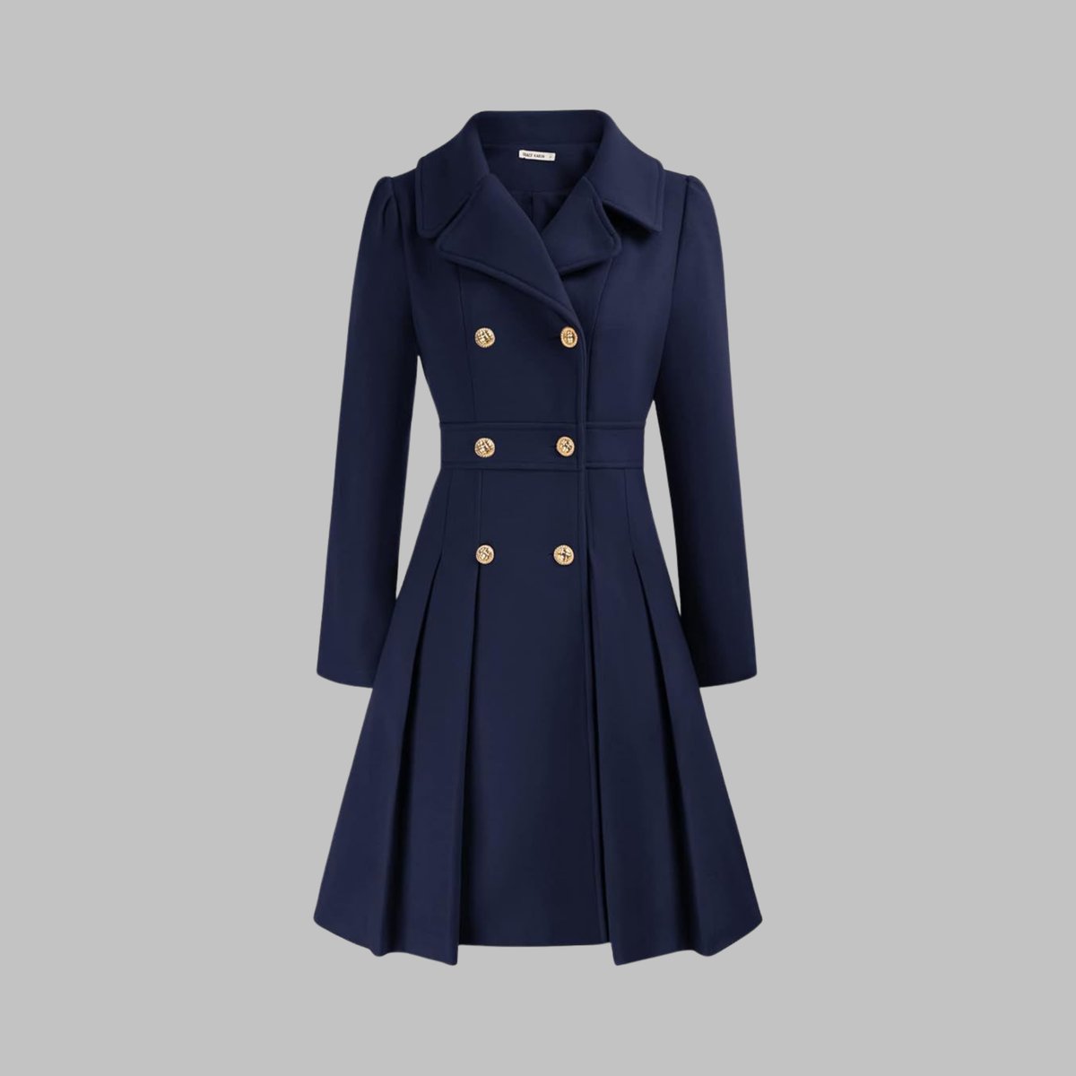 Emma | Women's Coat Double-Breasted Pleated A-Line Long Sleeve Overcoat
