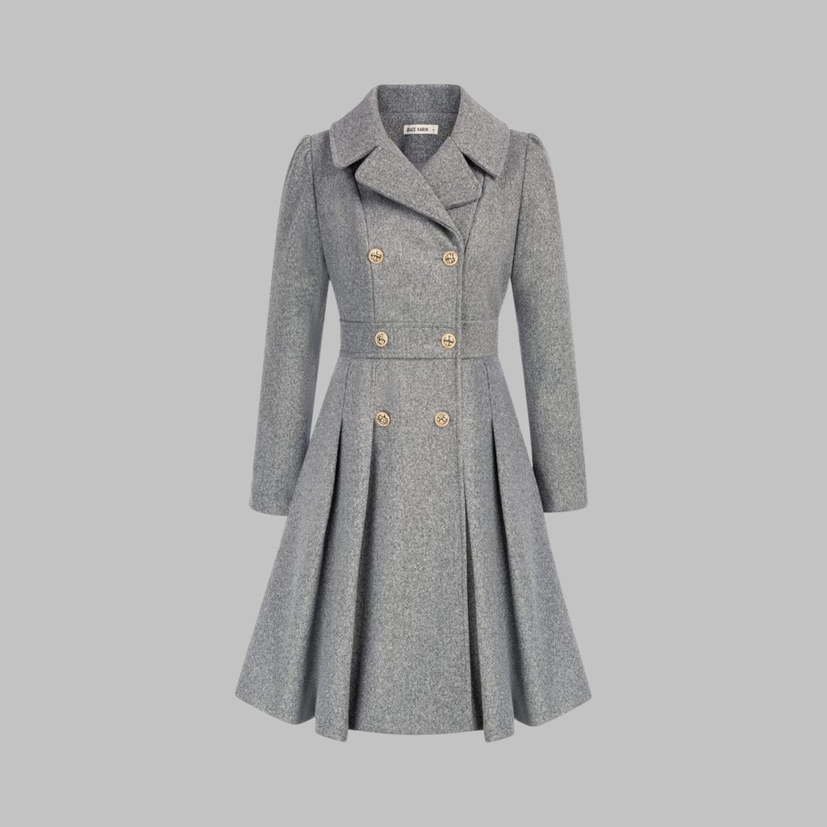 Emma | Women's Coat Double-Breasted Pleated A-Line Long Sleeve Overcoat