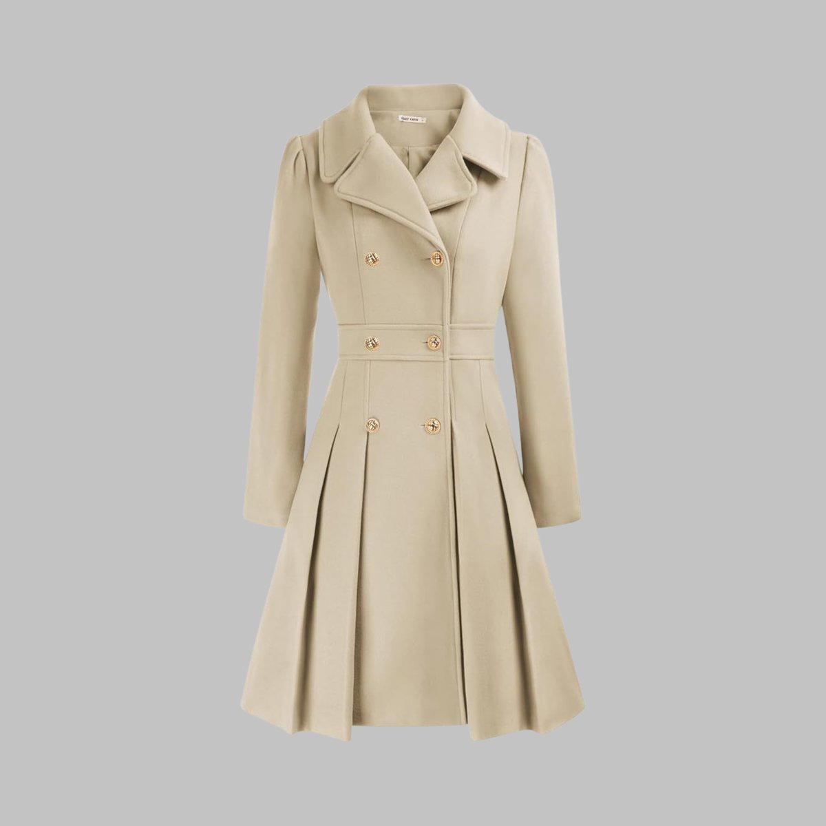 Emma | Women's Coat Double-Breasted Pleated A-Line Long Sleeve Overcoat