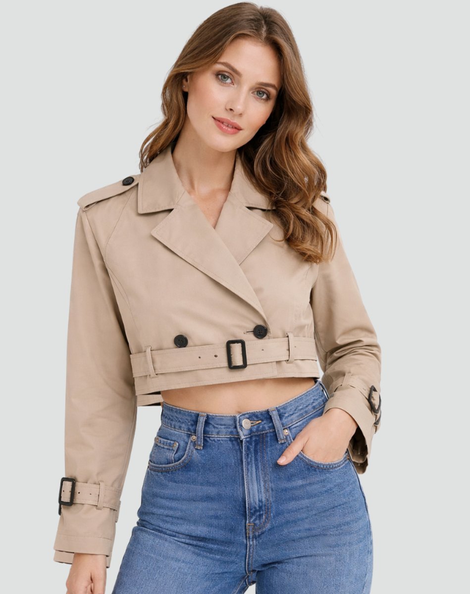 Madison | Women's Cropped Double-Breasted Belted Trench Coat Jacket