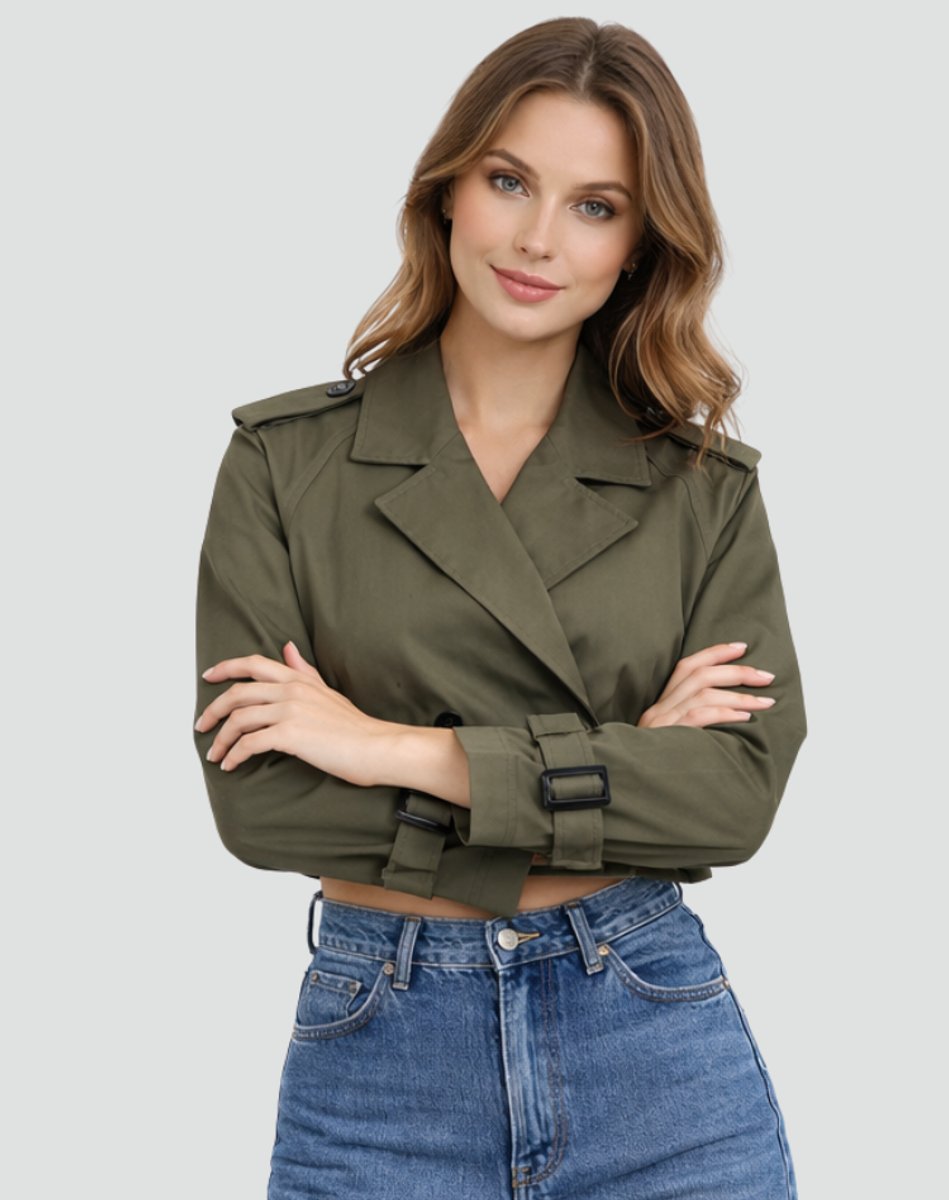 Madison | Women's Cropped Double-Breasted Belted Trench Coat Jacket