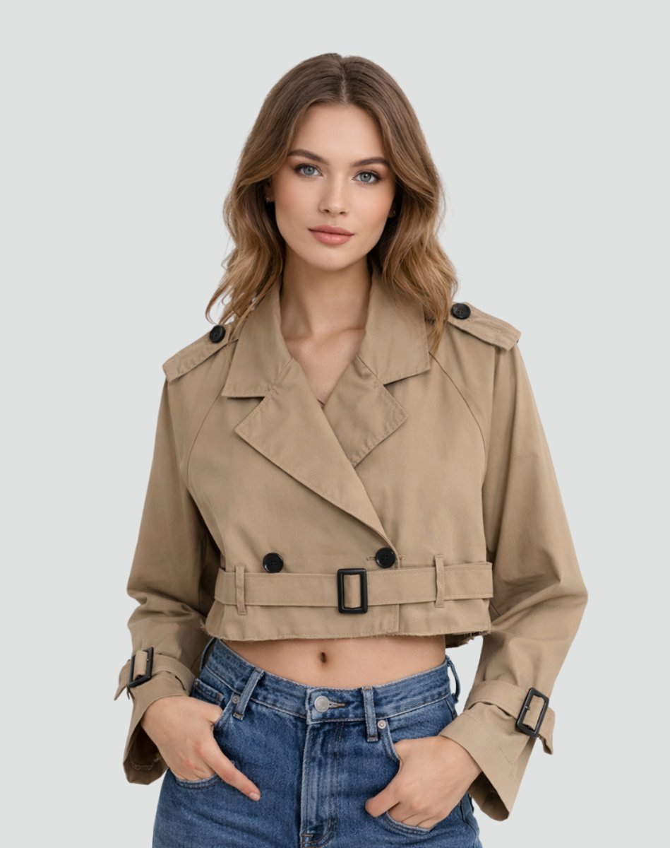Madison | Women's Cropped Double-Breasted Belted Trench Coat Jacket
