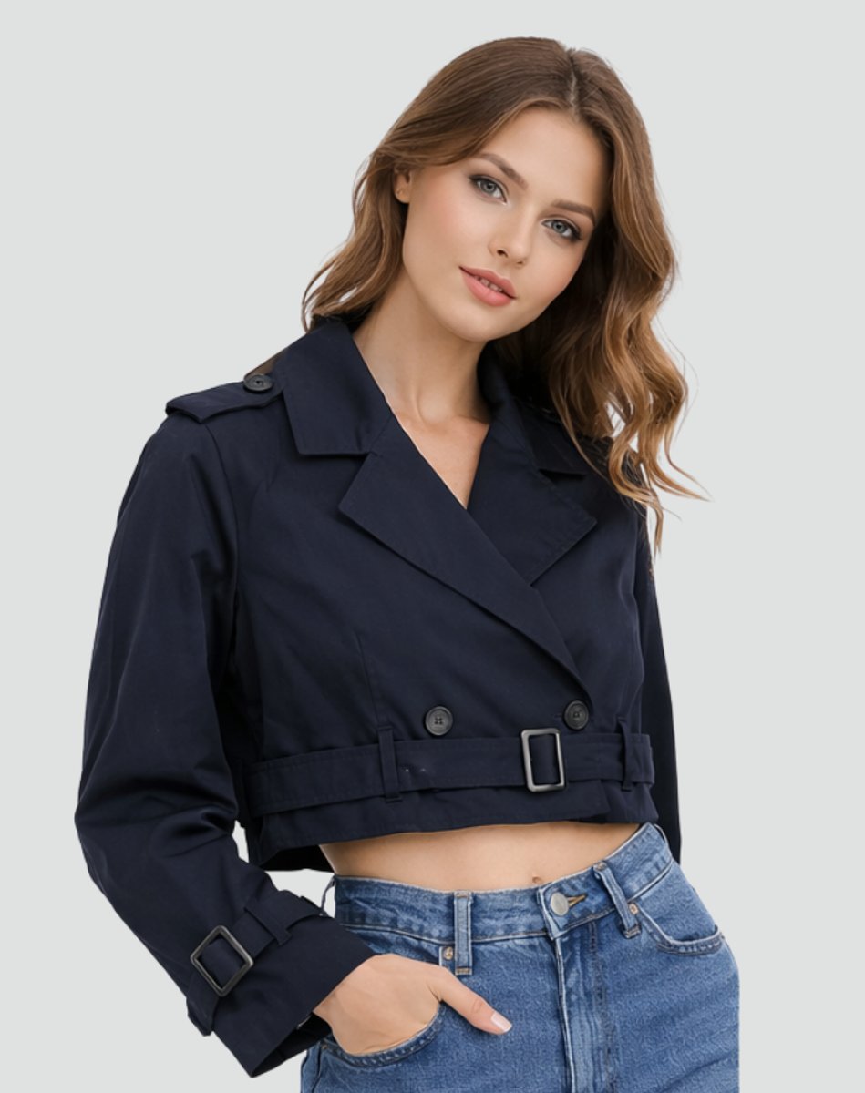 Madison | Women's Cropped Double-Breasted Belted Trench Coat Jacket