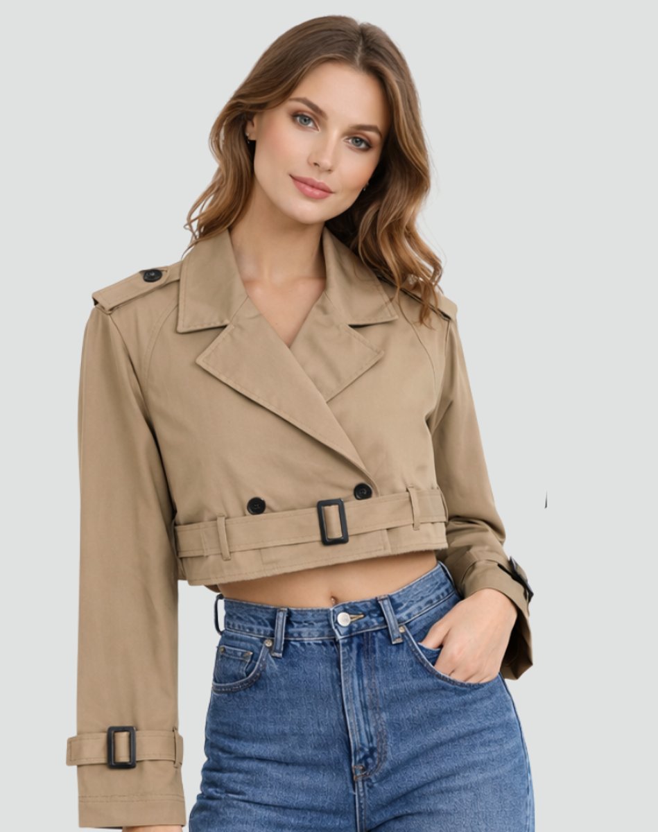 Madison | Women's Cropped Double-Breasted Belted Trench Coat Jacket