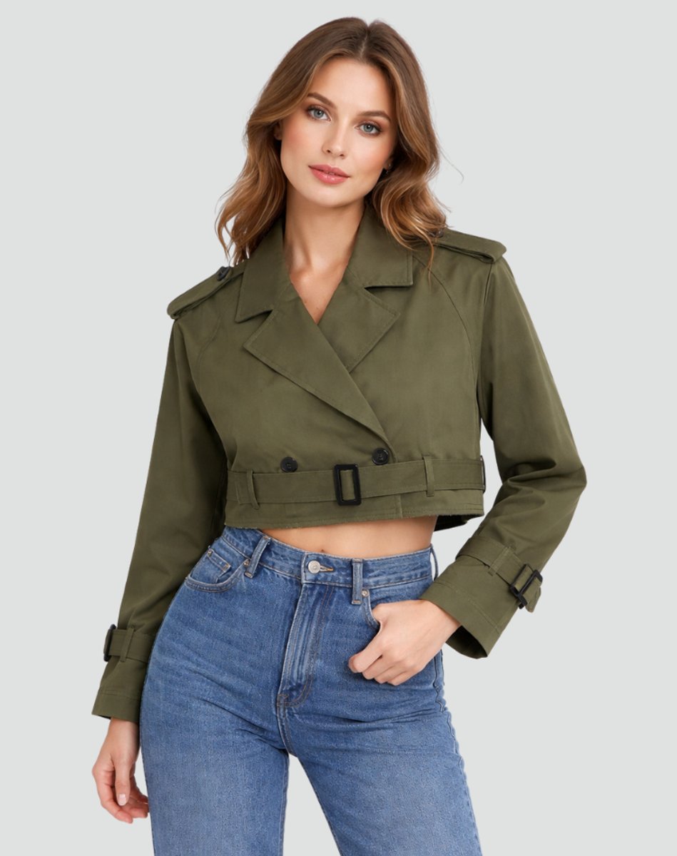Madison | Women's Cropped Double-Breasted Belted Trench Coat Jacket