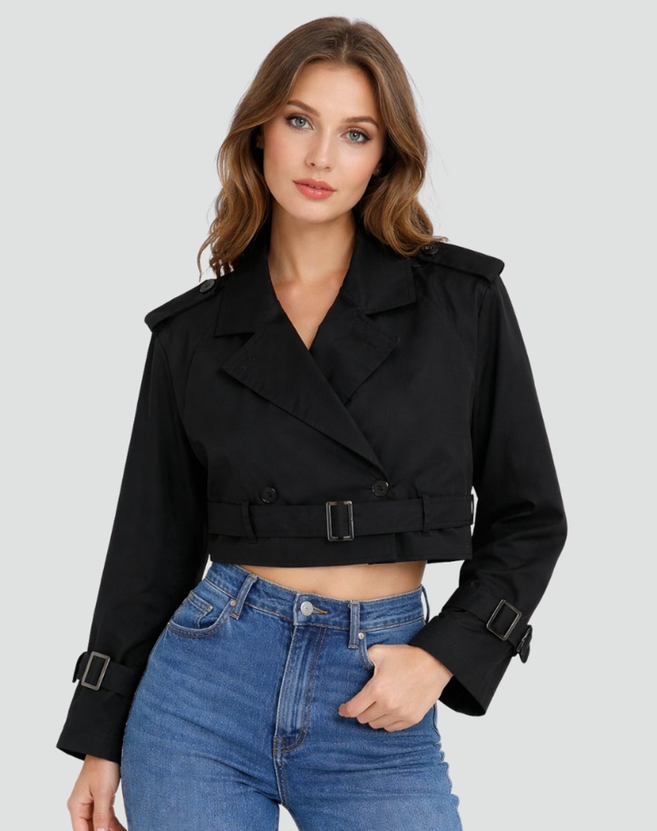 Madison | Women's Cropped Double-Breasted Belted Trench Coat Jacket