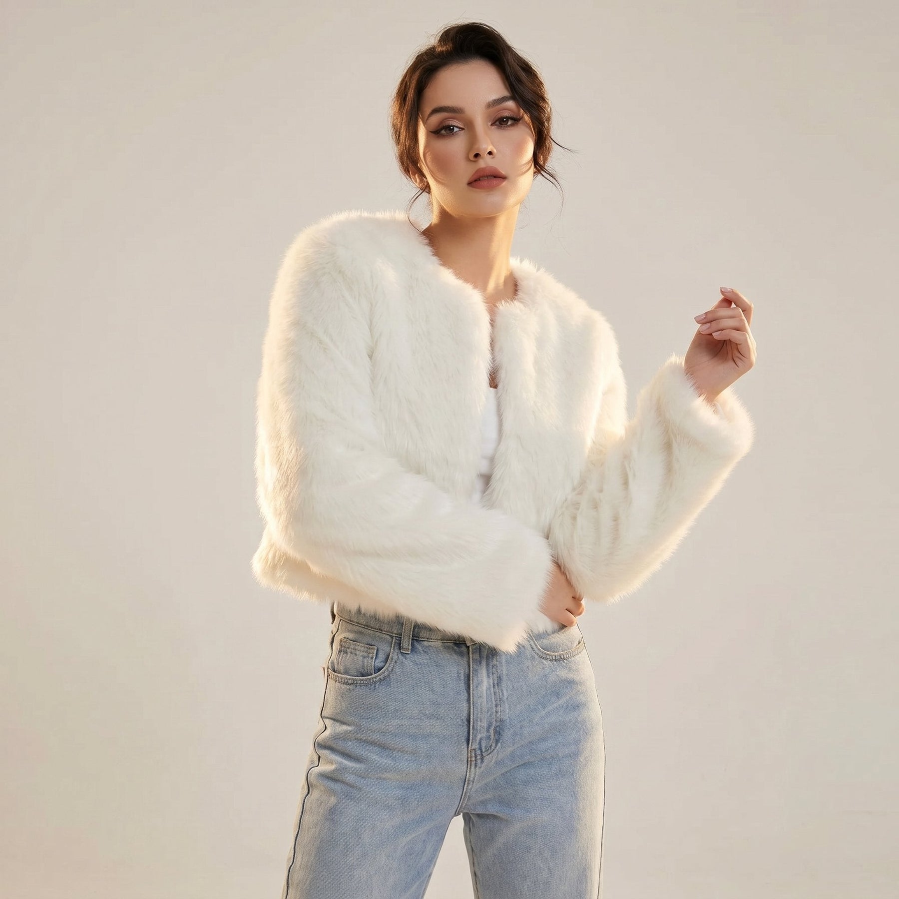 Mia | Women's Cropped Faux Fur Cardigan Jacket