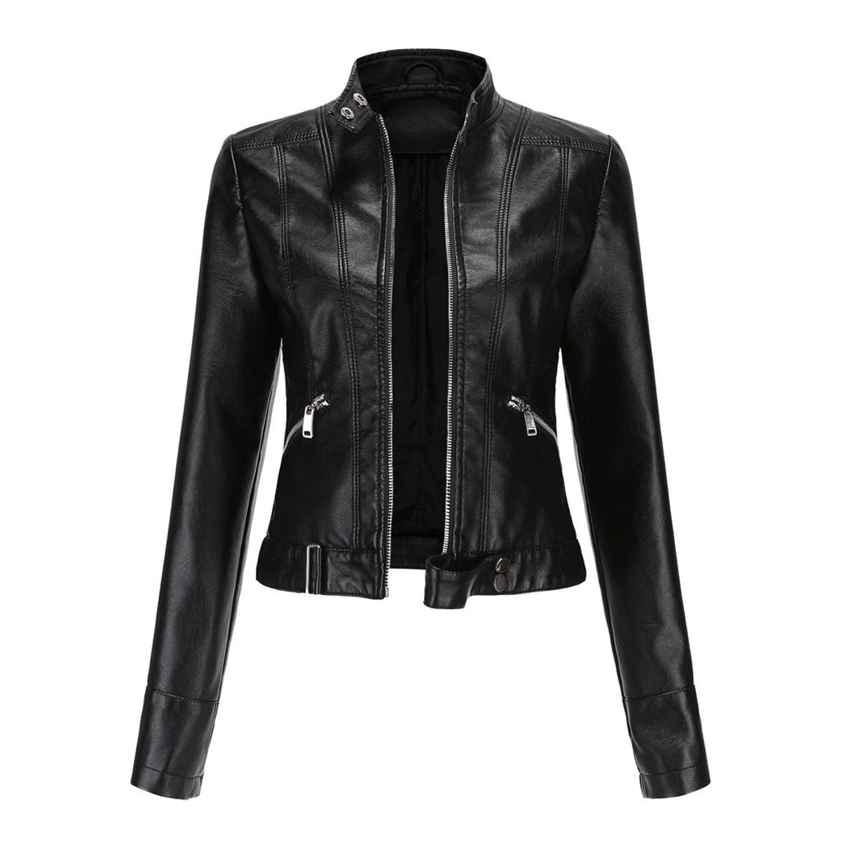 Victoria | Women's Cropped Faux Leather Jacket Stand-Collar Moto Biker