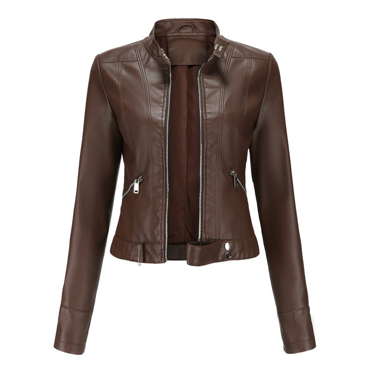 Victoria | Women's Cropped Faux Leather Jacket Stand-Collar Moto Biker