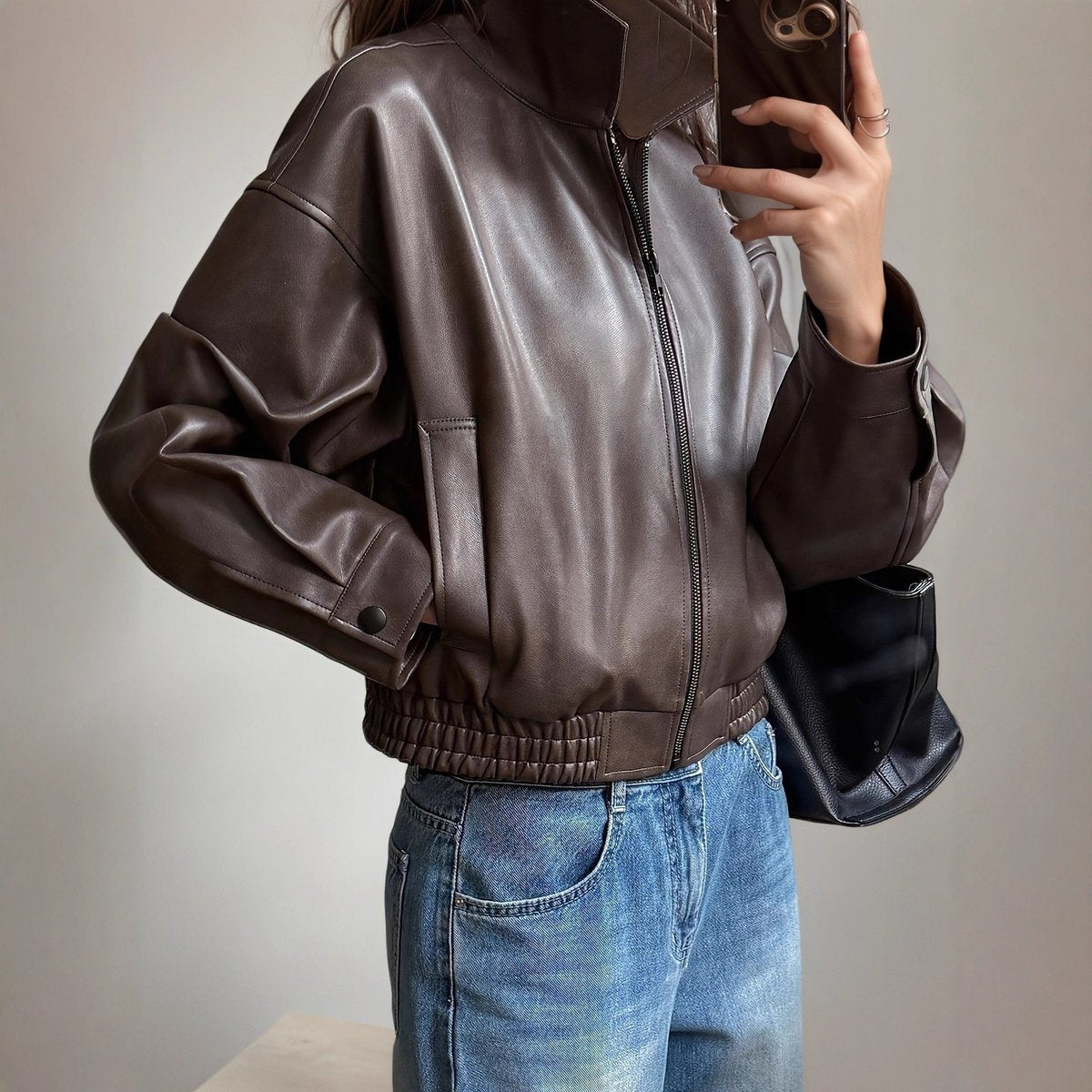Victoria | Women's Faux Leather Bomber Jacket Zip-Up Long Sleeve