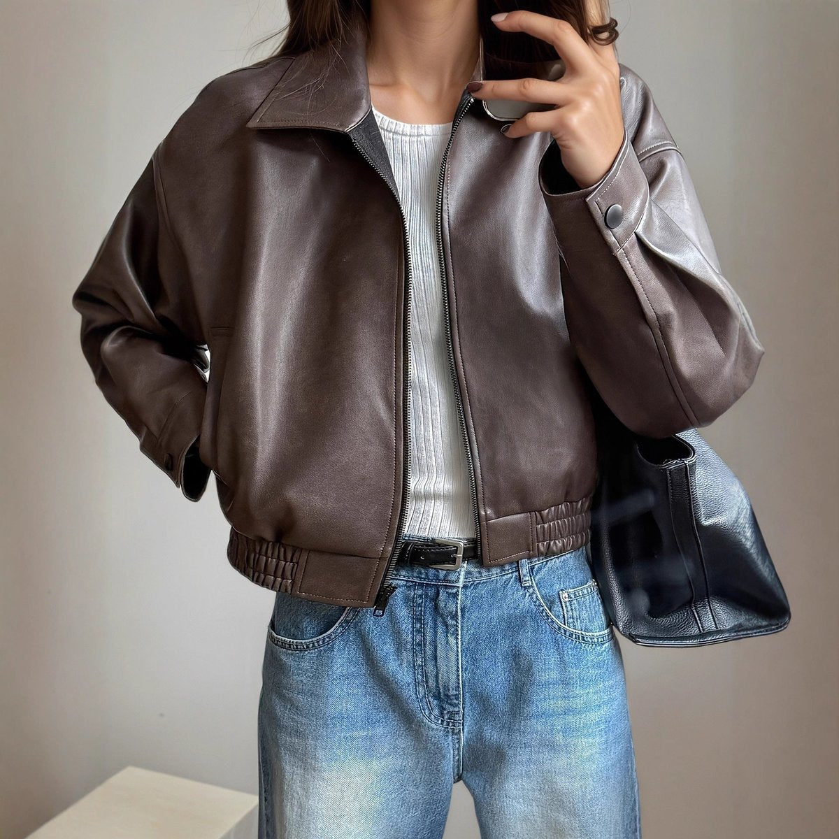 Victoria | Women's Faux Leather Bomber Jacket Zip-Up Long Sleeve