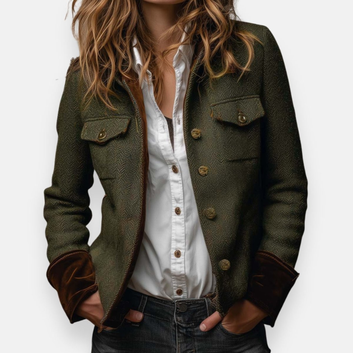 Victoria | Women's Herringbone Tweed Military-Style Jacket Gold Button