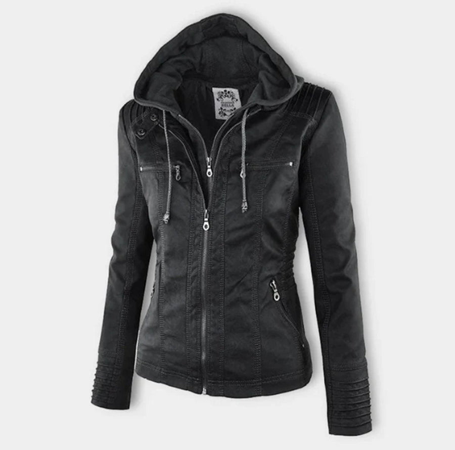 Victoria | Women's Hooded Faux Leather Moto Jacket Zip-Up
