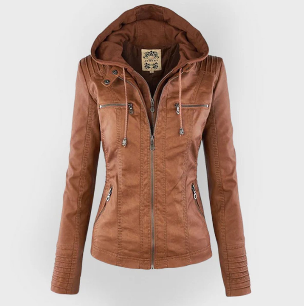 Victoria | Women's Hooded Faux Leather Moto Jacket Zip-Up