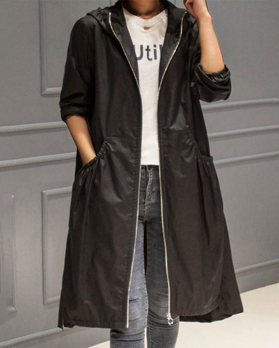 Layla | Women's Hooded Waterproof Long Trench Coat Zip-Up