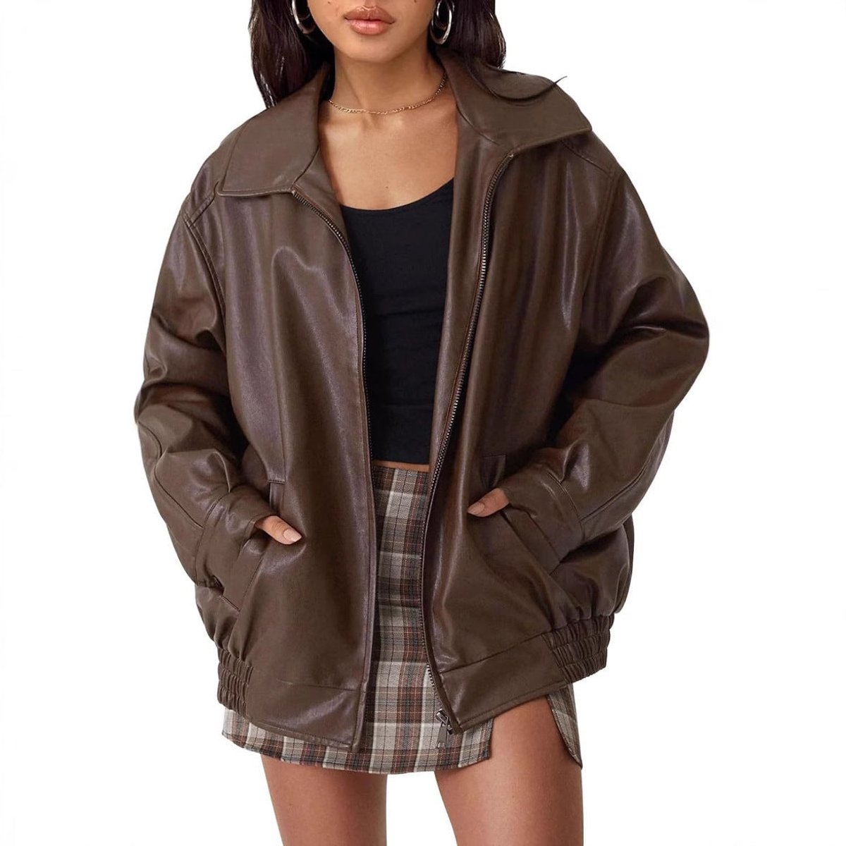 Madison | Women's Oversized Faux Leather Bomber Jacket Zip-Up