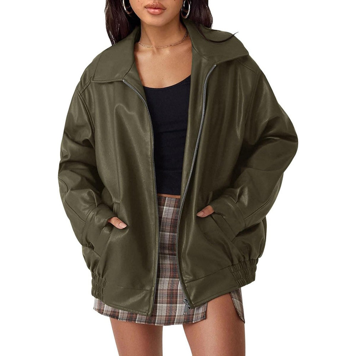 Madison | Women's Oversized Faux Leather Bomber Jacket Zip-Up