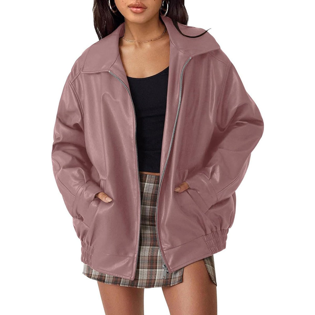 Madison | Women's Oversized Faux Leather Bomber Jacket Zip-Up