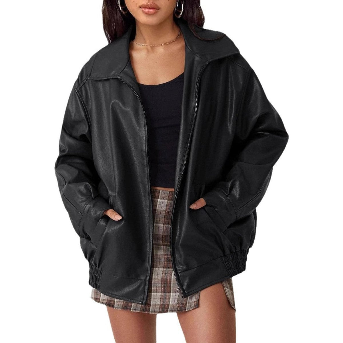 Madison | Women's Oversized Faux Leather Bomber Jacket Zip-Up