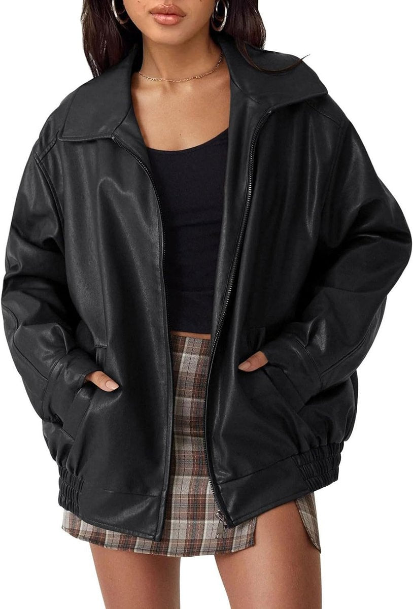 Madison | Women's Oversized Faux Leather Bomber Jacket Zip-Up