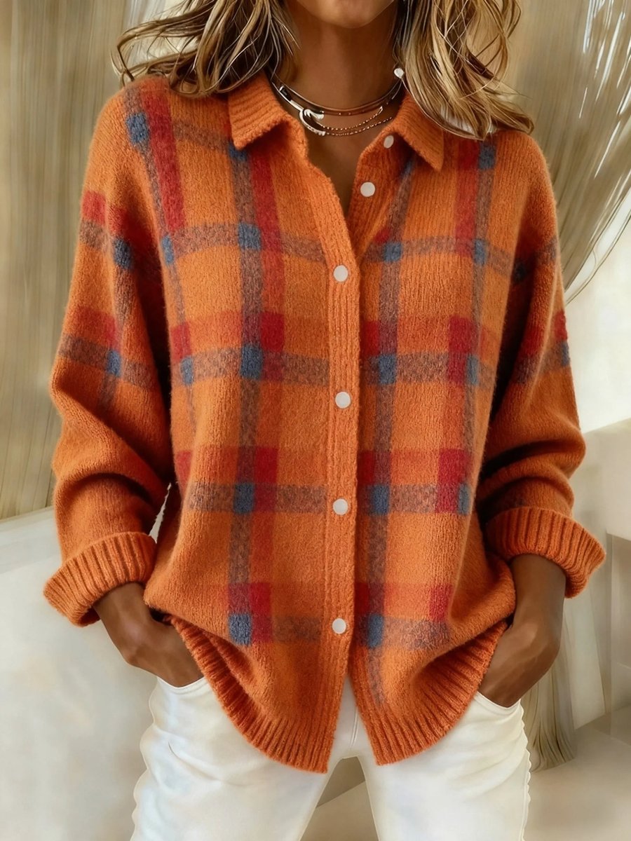 Evelyn | Women's Plaid Knit Button-Up Oversized Jacket Cardigan