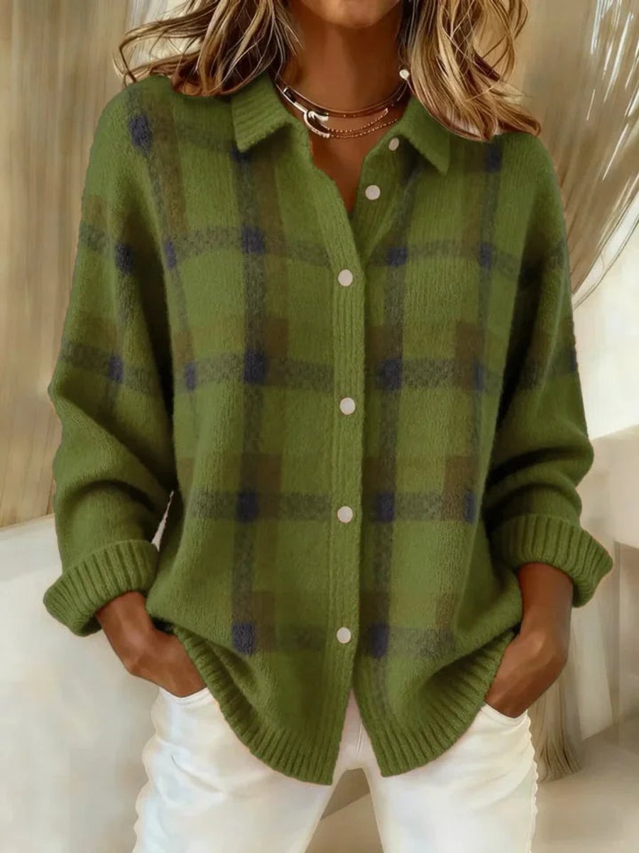 Evelyn | Women's Plaid Knit Button-Up Oversized Jacket Cardigan