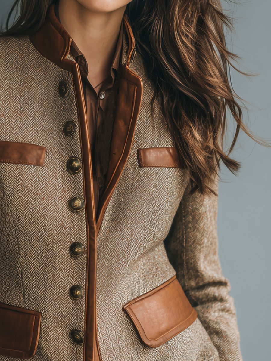 Sophia | Women's Vintage Herringbone Tweed Leather-Trim Button-Front Jacket